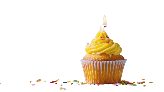 Yellow birthday cupcake with candle on transparent background