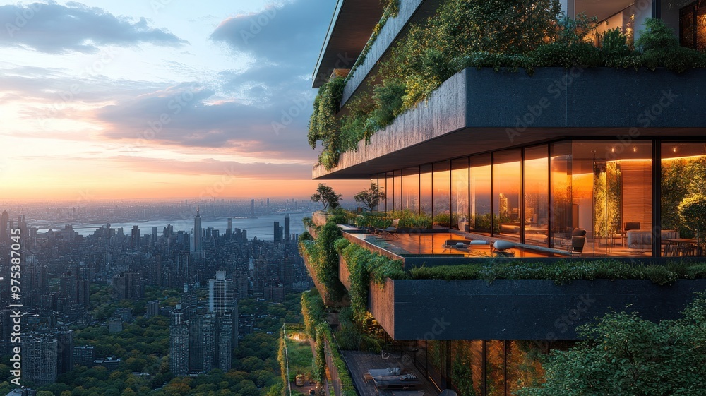 Wall mural modern balcony with greenery overlooking a cityscape at sunset.