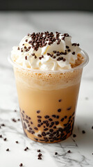 Creamy milk tea topped with fresh cream and chocolate sprinkles, served in clear cup. This delightful beverage features rich texture and sweet flavor, perfect for any occasion