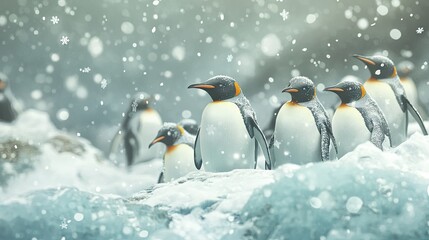 Obraz premium A colony of penguins huddled together on an icy Antarctic landscape, with snowflakes falling gently around them.