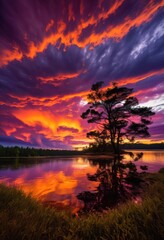 Obraz premium vibrant cloud formations illuminated colorful sunset sky creating stunning visual display beauty, aerial, breathtaking, brilliant, calm, cloudscape, colors