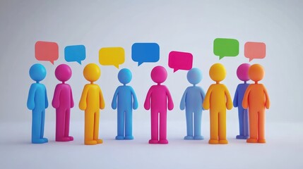 Obraz premium Cartoon team figures with colorful speech bubbles on a white background, symbolizing communication and collaboration in a fun and creative setting.