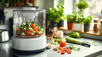 A compact food processor chopping vegetables on a clean kitchen counter, with various blades and...