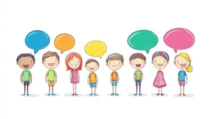 Fototapeta premium Cartoon team figures with colorful speech bubbles on a white background, symbolizing communication and collaboration in a fun and creative setting.