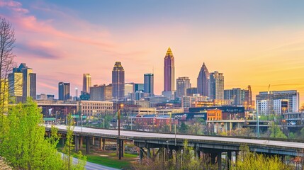 Obraz premium Beautiful dawn skyline of downtown Atlanta, Georgia, USA, showcasing vibrant colors reflecting on the city’s architecture, with soft light illuminating the buildings and a tranquil atmosphere