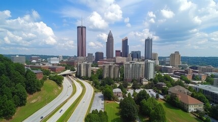Obraz premium Stunning view of the downtown city skyline of Atlanta, Georgia, showcasing modern skyscrapers, vibrant city life, and clear blue skies, perfect for urban exploration and tourism promotion