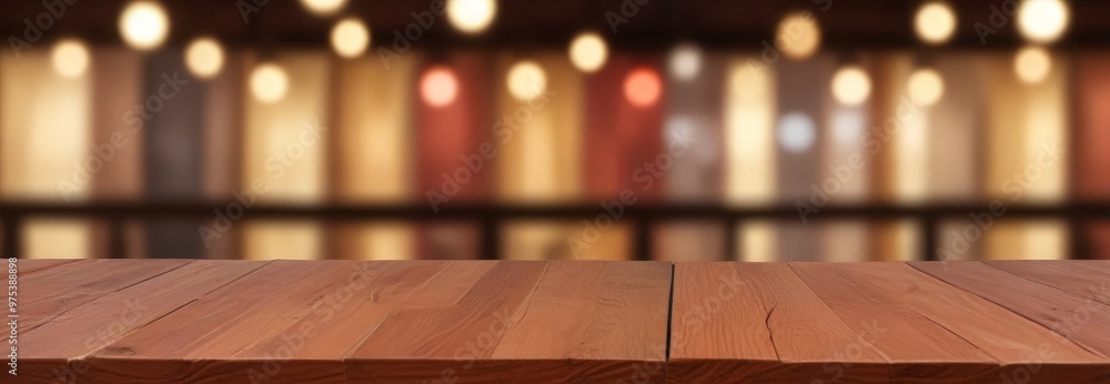 Poster a wooden table with a blurred background of lights, creating a warm and inviting atmosphere.