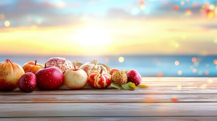 Traditional Jewish New Year Rosh haShanah symbols on wooden table with blurred sunset and sea background, featuring apples, honey, pomegranates, and holiday attributes