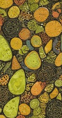 The image is a vibrant abstract pattern featuring a variety of organic shapes and colors, including shades of green, yellow, orange, and black, arranged in a visually