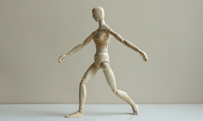 A simple, wooden artist s mannequin posed in a dynamic posture on a plain background