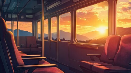 A cozy, empty train cabin with comfortable seats and large windows showing a peaceful sunset over distant mountains, evoking a sense of relaxation.