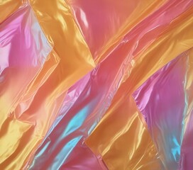 a close-up view of a shiny, translucent fabric with a gradient of colors, including pink, orange, and blue.