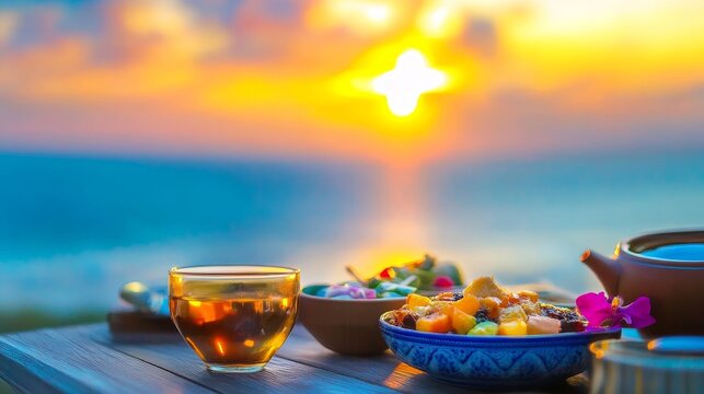 Traditional Jewish New Year Rosh haShanah symbols on wooden table with blurred sunset and sea background, featuring apples, honey, pomegranates, and holiday attributes