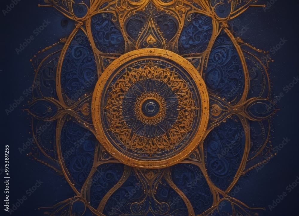 Poster a detailed, ornate golden design with intricate patterns and a central circular motif, set against a