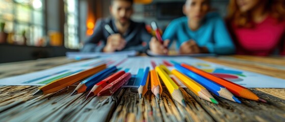 Naklejka premium Diverse business team using graphs and charts to discuss marketing plan on a wooden table in the office. 