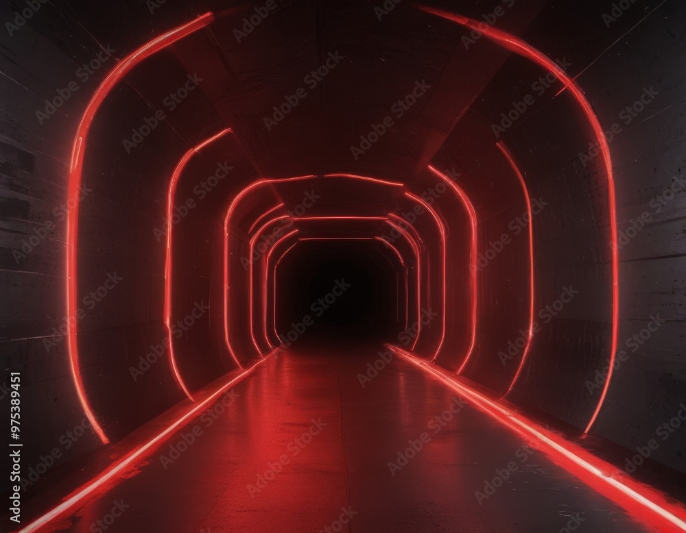 Poster a long, dark tunnel with a series of curved red lights lining the walls, creating a sense of depth a