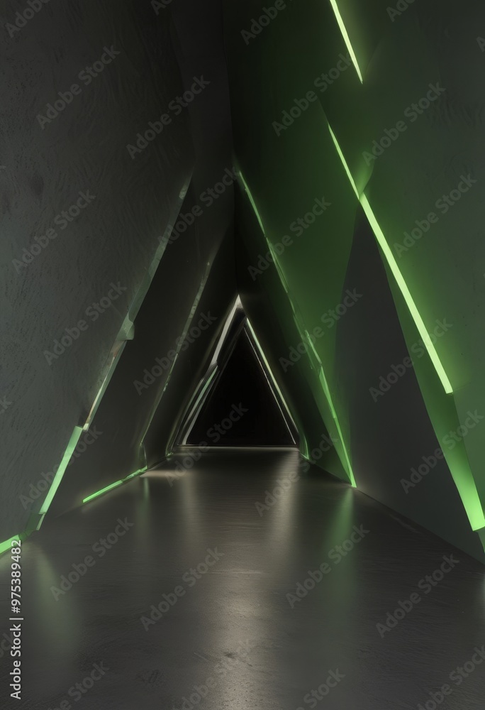 Poster a long, dimly lit corridor with a triangular opening at the end, illuminated by green lights that ca