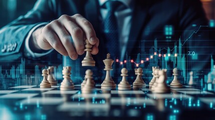 Chessboard with a businessman making a move, accompanied by financial graphs, representing strategic decision-making in business.