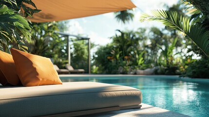 Fototapeta premium A cushioned outdoor lounge chair by a pool, with a sunshade above and a tropical setting in the background.