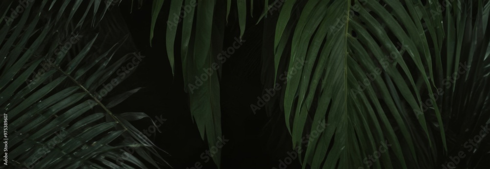 Poster a close-up view of a dark green leaf with a vertical line running through it, set against a dark bac