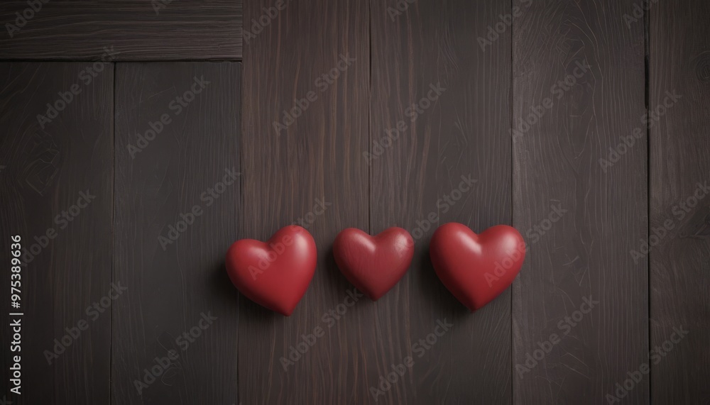 Poster three red heart-shaped objects are arranged in a row on a dark wooden background.