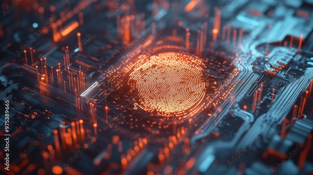 Poster close-up of a fingerprint scan integrated with a microcircuit board, symbolizing advanced biometric 