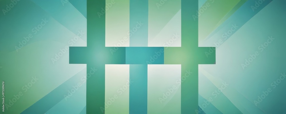 Poster a geometric abstract composition with intersecting green and blue lines, creating a sense of depth a