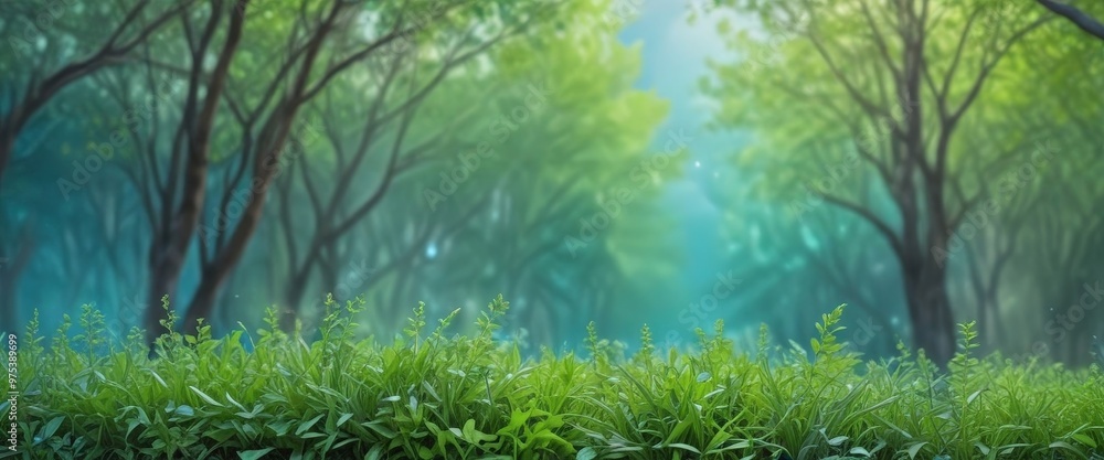 Poster a serene forest scene with a lush green grassy foreground and a background of tall trees with a soft