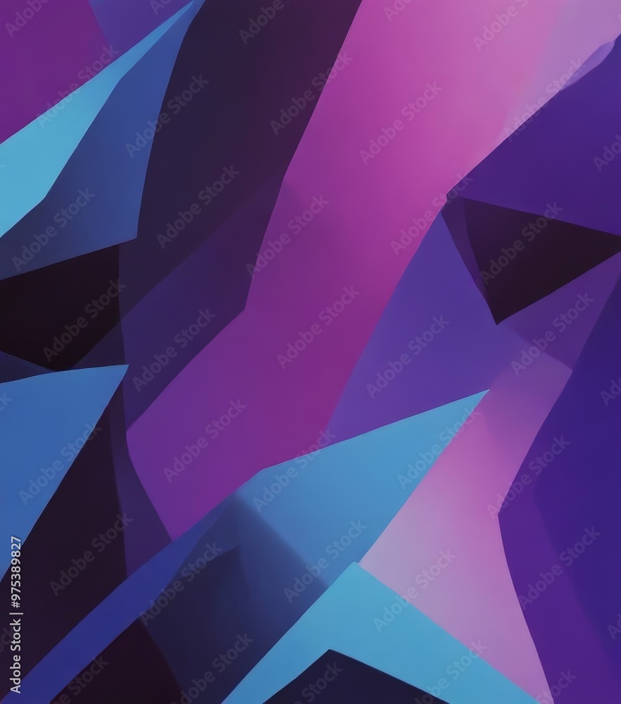 Poster a vibrant abstract composition of overlapping geometric shapes in shades of blue, purple, and pink, 
