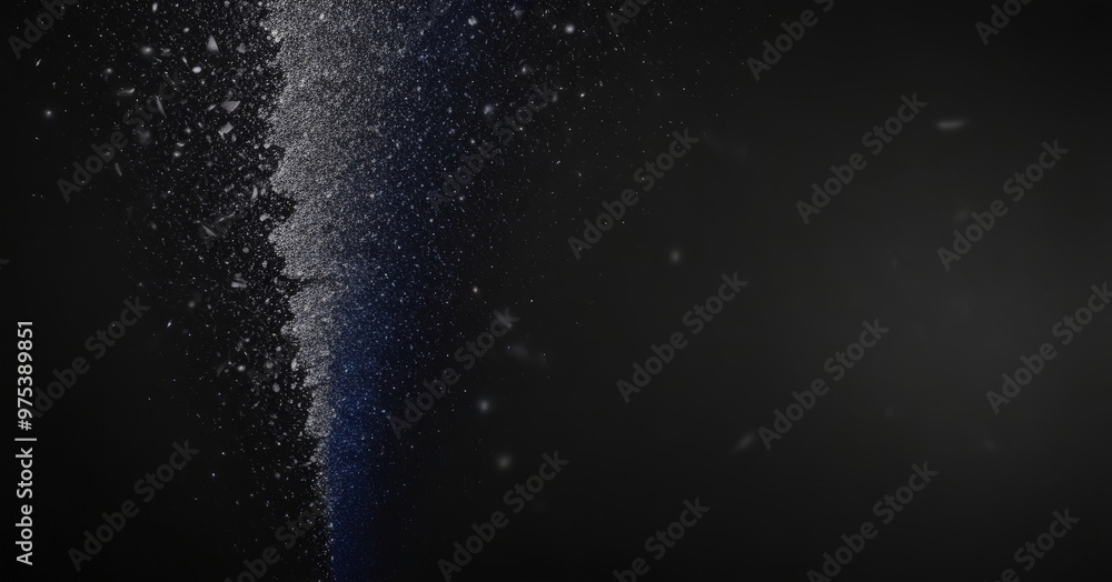 Poster a dark background with a vertical line of white and blue particles or specks, creating a sense of de