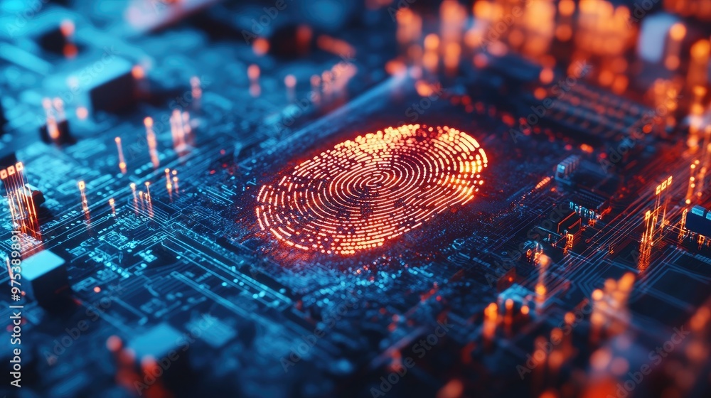 Poster close-up of a fingerprint scan integrated with a microcircuit board, symbolizing advanced biometric 