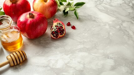 Rosh Hashanah greeting card featuring traditional symbols of the Jewish New Year, including pomegranate, honey, and apples on a light stone background, with ample copy space for personalized messages