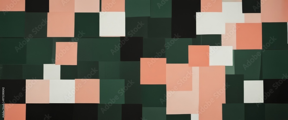 Poster a pattern of overlapping squares in various shades of green, black, and peach, creating a visually s