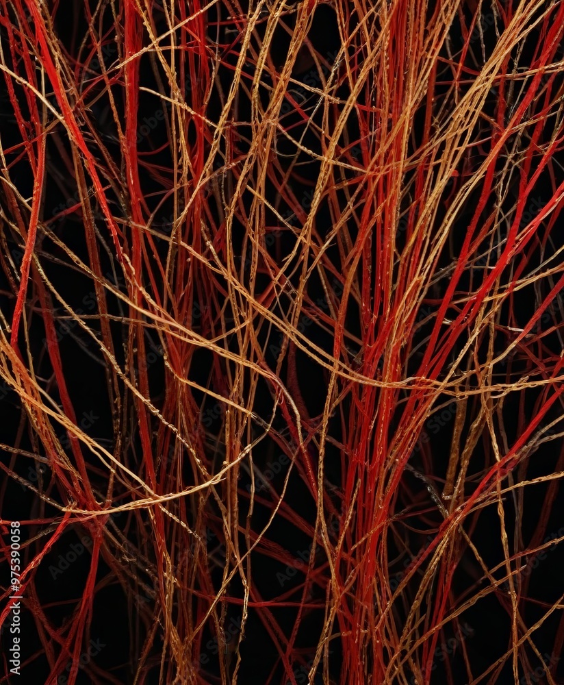 Poster a close-up view of a dense cluster of red and gold-colored twigs or branches, creating a striking co
