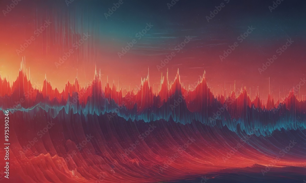 Aufkleber a surreal landscape with a wave-like pattern of red and orange hues, set against a dark blue sky. th