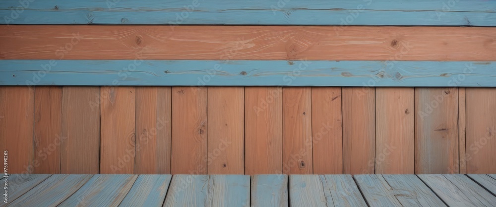 Poster a wooden wall with vertical planks in a light blue and dark blue color scheme, creating a textured a
