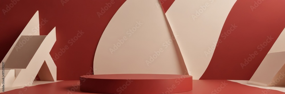 Poster a red circular podium stands in the center of a room with red and white geometric shapes surrounding