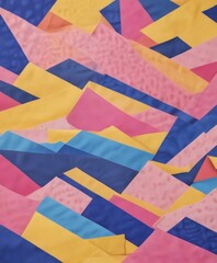 The image is a vibrant abstract composition featuring overlapping geometric shapes in a variety of bold colors, including shades of blue, yellow, pink, and orange.