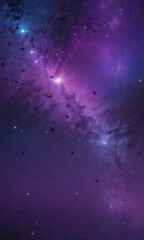 a cosmic scene with a deep purple and blue color palette, featuring a galaxy with a bright center and numerous stars scattered throughout the background.
