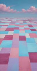 A surreal landscape with a checkerboard pattern of multicolored squares, set against a backdrop of a clear blue sky with fluffy white clouds.