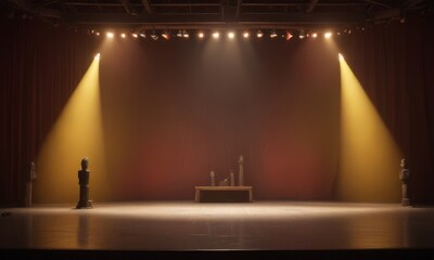 A dimly lit stage with a wooden platform and a statue, illuminated by a series of spotlights.