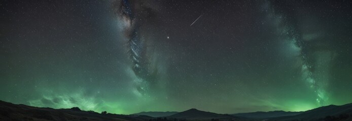 The Milky Way Galaxy and a shooting star streak across the night sky, with a green and blue gradient over a mountainous landscape.