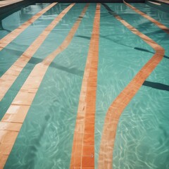 a swimming pool with a geometric pattern of orange and green tiles, reflecting the sunlight and creating a visually appealing design.