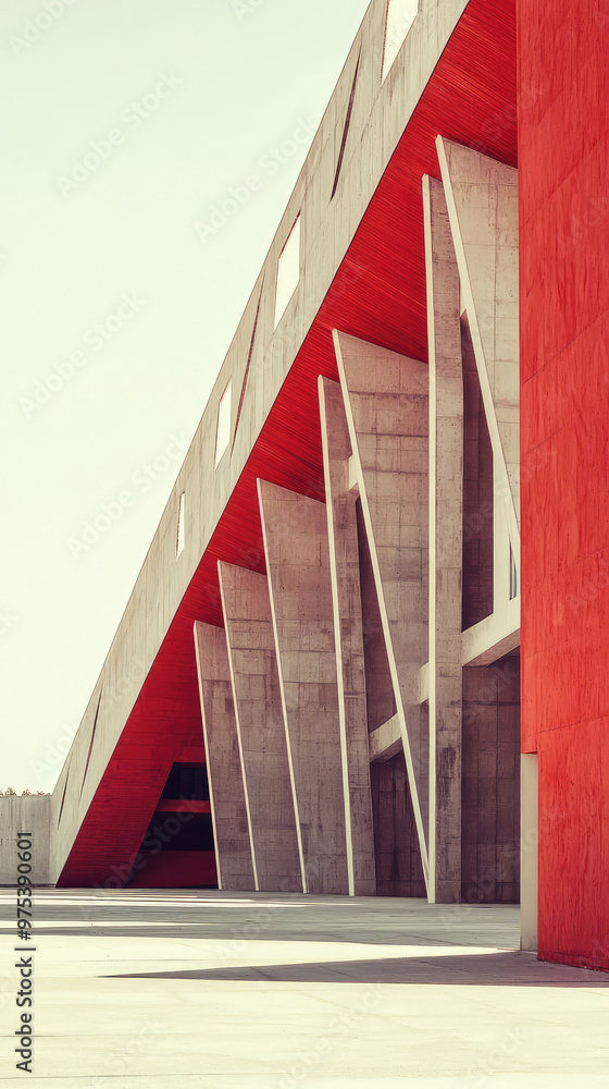 Poster striking stadium architecture features bold geometric shapes and vibrant red accents, creating visua