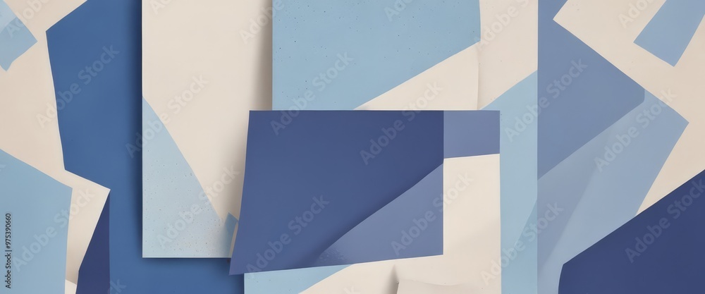 Poster a geometric abstract composition of overlapping blue and white shapes, creating a visually striking 