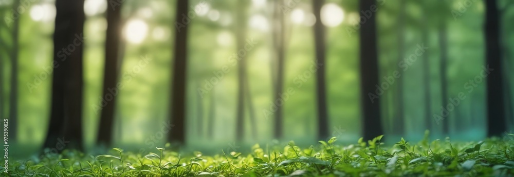 Poster a lush forest scene with tall trees and a carpet of green grass in the foreground, creating a serene