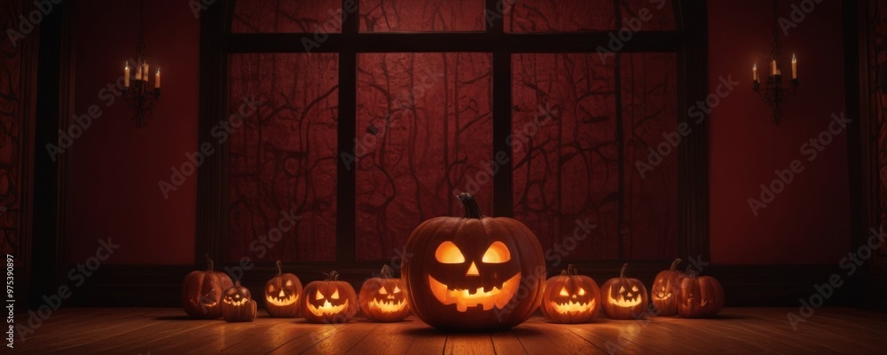 Poster a halloween scene with a large pumpkin in the foreground, surrounded by smaller pumpkins with carved