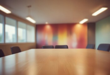 A blurred image of a conference room with a wooden table and chairs, featuring a colorful abstract mural on the wall.