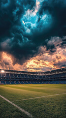 Dramatic storm clouds roll over stadium landscape, creating stunning backdrop for vibrant green grass. atmosphere is charged with anticipation and beauty