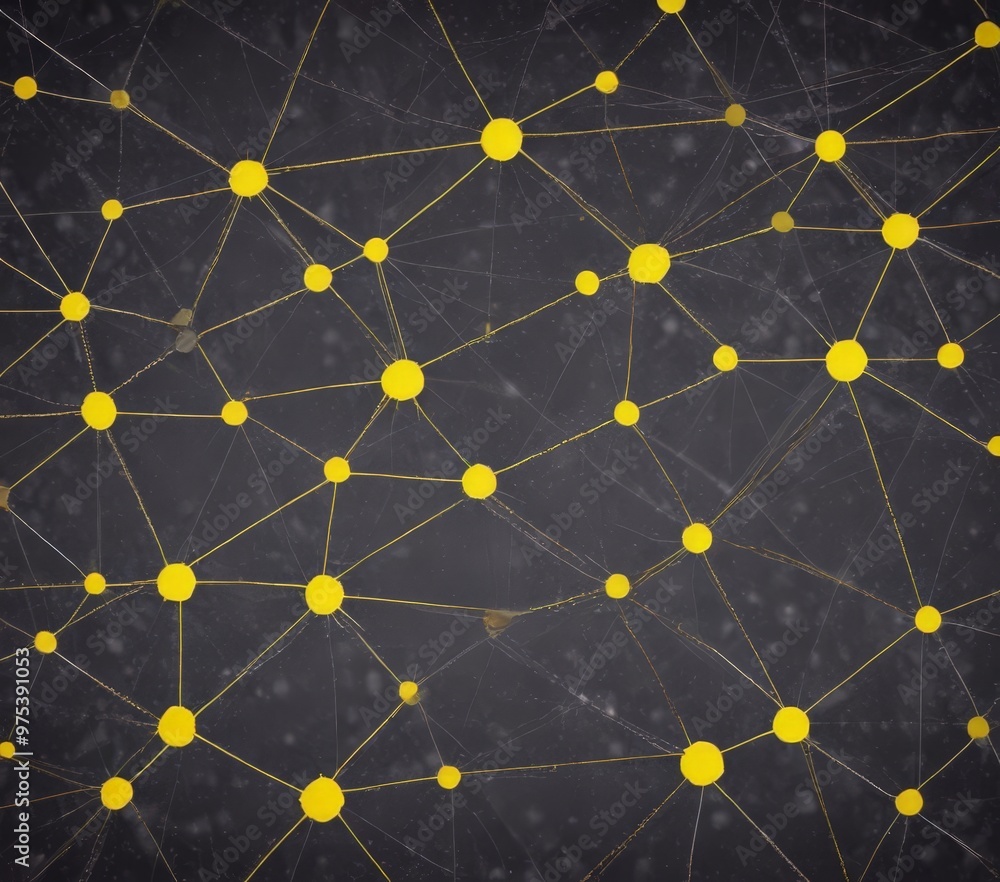 Poster the image presents a complex network of interconnected yellow dots, resembling a web or a network of
